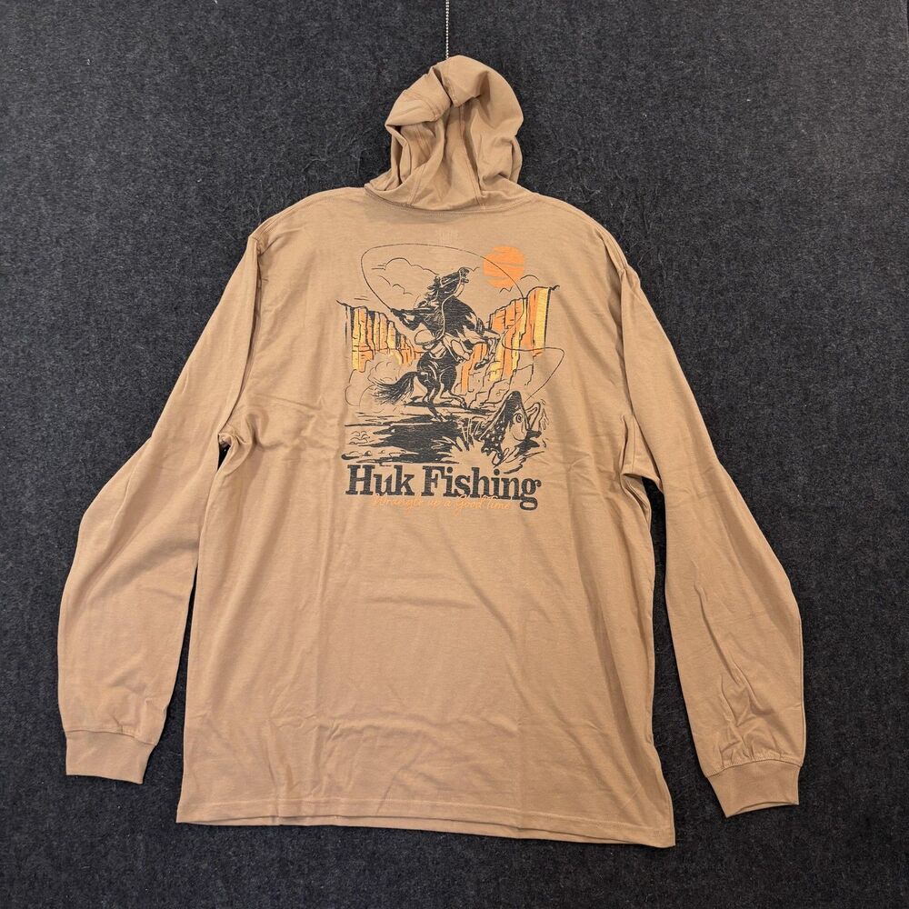 Huk Trout Wrangle Hoodie Shirt Men's XL Beige Lightweight Fishing Pullover